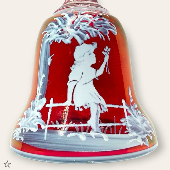 Vtg Westmoreland Glass Cranberry Bell Mary Gregory Style Girl on Fence USA 5.25" - Picture 1 of 7